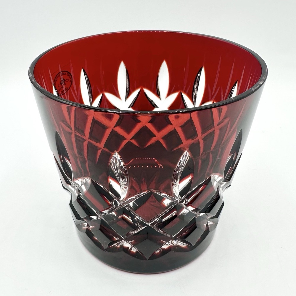 Ajka Red Crystal Cut To Clear Whiskey Lowball Glass Bohemian Hungary